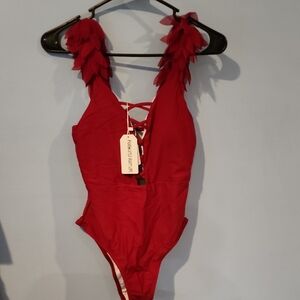Cranberry One-Piece Swimsuit with Sheer Leaf Adjustable Straps